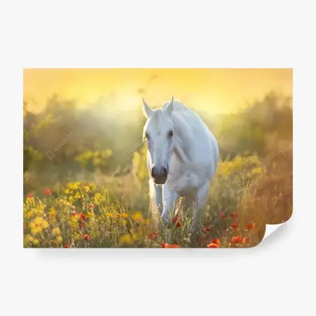 Fotomural caballo blanco entre amapolas al amanecer – Pixers®