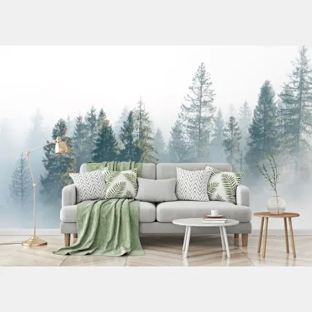 Fotomural bosque de abetos en niebla matinal – Pixers®