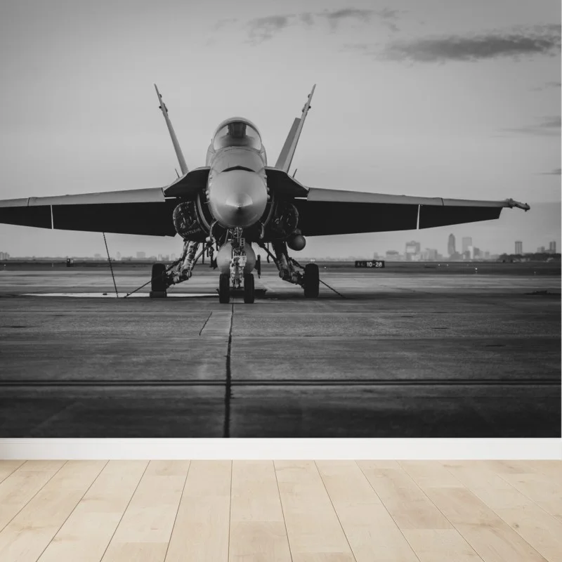Fotomural avión de combate en pista monocromo