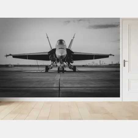 Fotomural avión de combate en pista monocromo – Pixers®