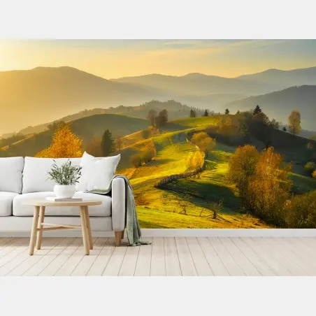 Fotomural atardecer dorado en colinas otoñales – Pixers®