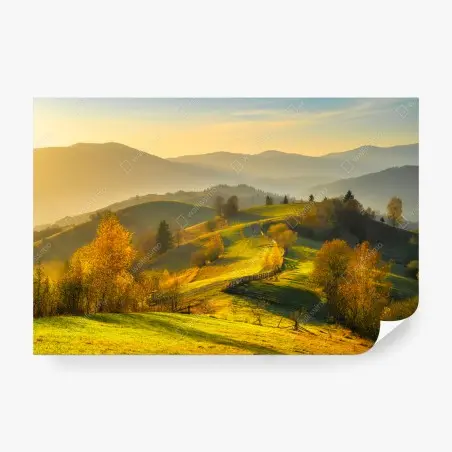 Fotomural atardecer dorado en colinas otoñales – Pixers®