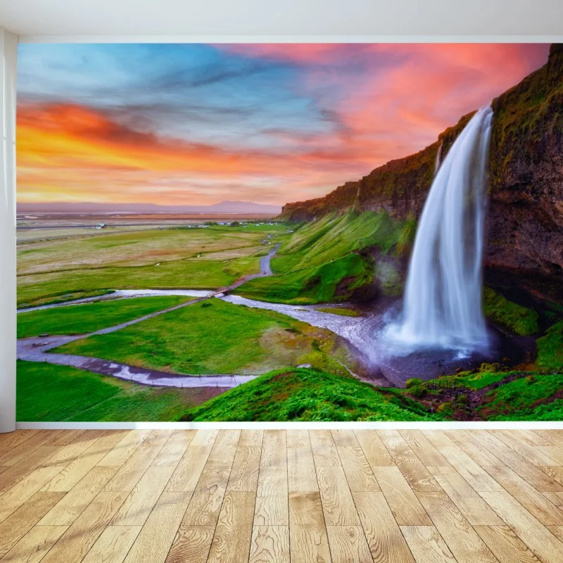Fotomural cascada al atardecer en Islandia