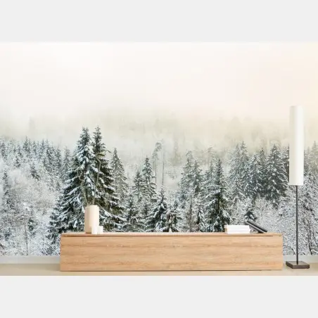 Fotomural bosque nevado entre niebla invernal – Pixers®
