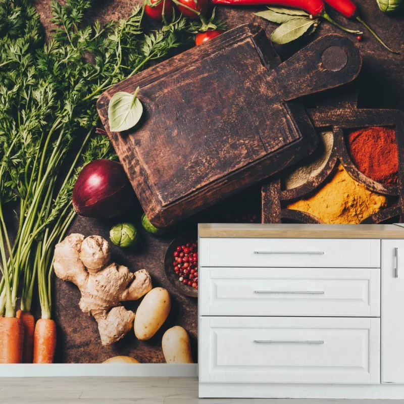 Fotomural composición rústica de verduras y especias