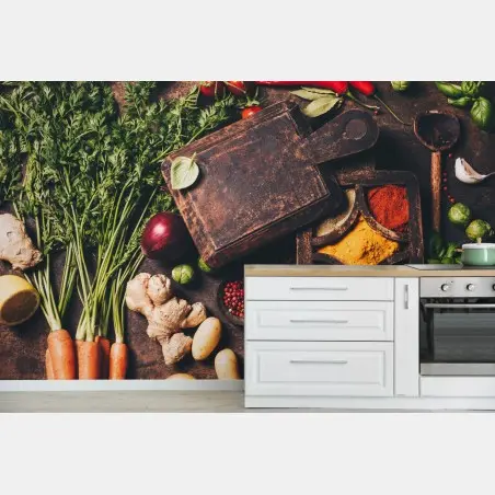 Fotomural composición rústica de verduras y especias – Pixers®