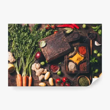 Fotomural composición rústica de verduras y especias – Pixers®