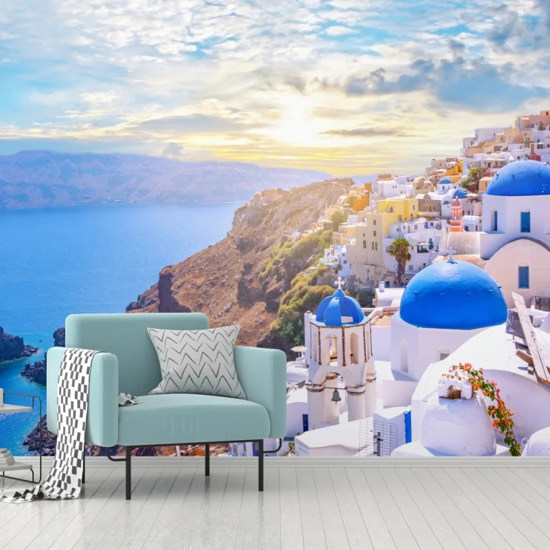 Fotomural panorámica de Oia, Santorini al atardecer