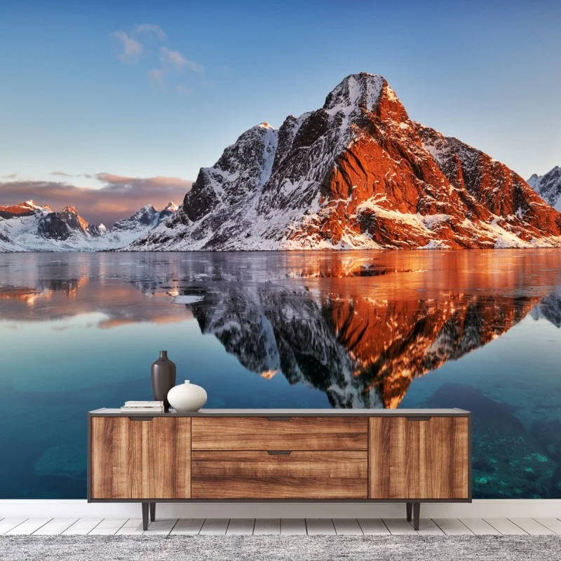 Fotomural amanecer cálido sobre las montañas de Lofoten, Noruega