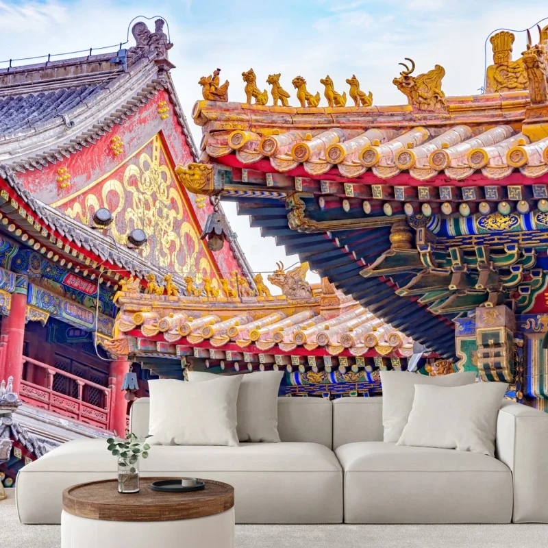 Fotomural templo Lama de Beijing: tejados ornamentales y dragones