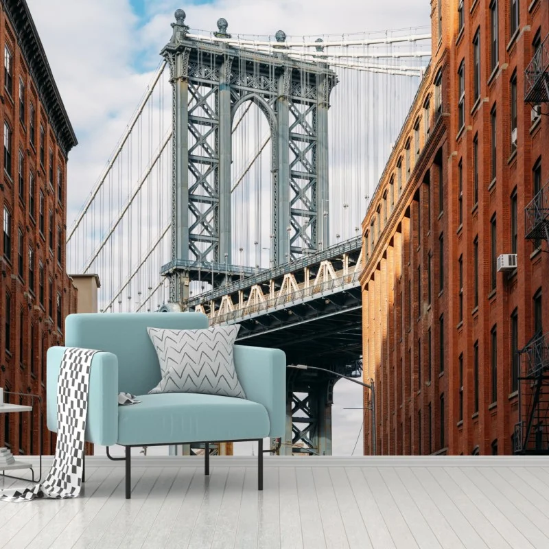 Fotomural vista icónica del puente de Brooklyn entre fachadas de ladrillo