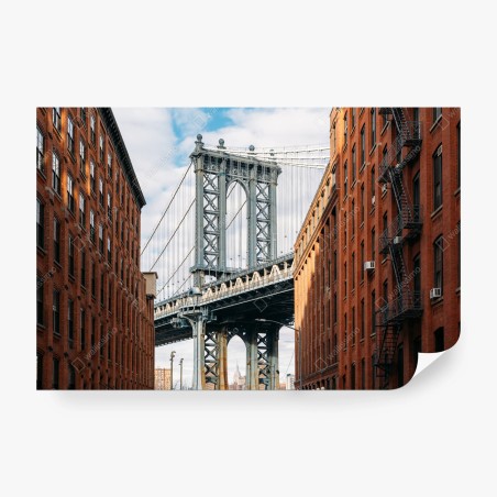 Fotomural vista icónica del puente de Brooklyn entre fachadas de ladrillo – Pixers®