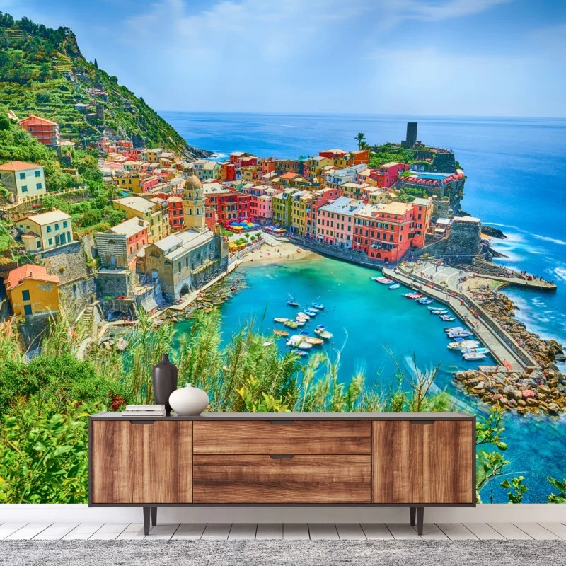 Fotomural vistas de Vernazza, Italia: costa de casas de colores