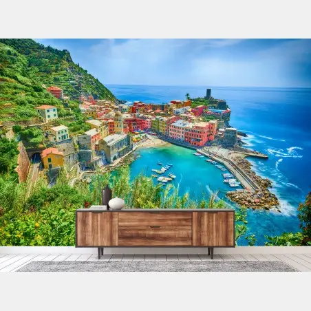 Fotomural vistas de Vernazza, Italia: costa de casas de colores – Pixers®