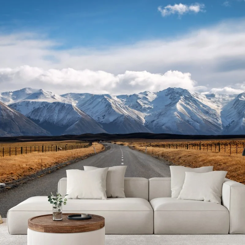 Fotomural carretera hacia montañas nevadas en Nueva Zelanda