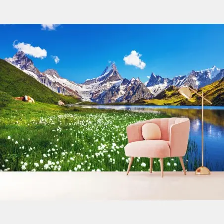Fotomural paisaje alpino con pradera y lago cristalino – Pixers®