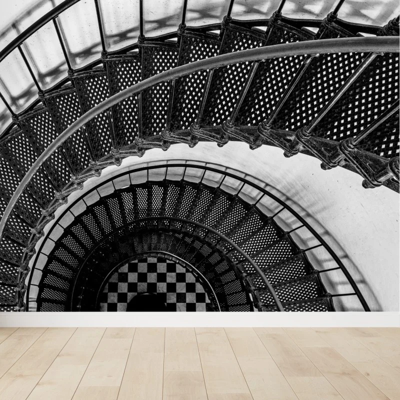 Fotomural espiral arquitectónica en blanco y negro