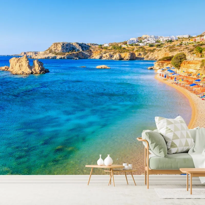 Fotomural vista panorámica de la bahía de Ammopi, Karpathos, Grecia