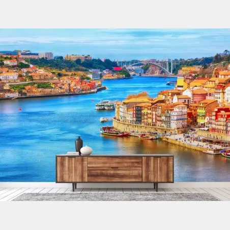 Fotomural ribeira en Porto: vista colorida del río – Pixers®