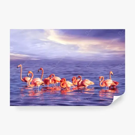 Fotomural flamencos en atardecer púrpura tropical – Pixers®