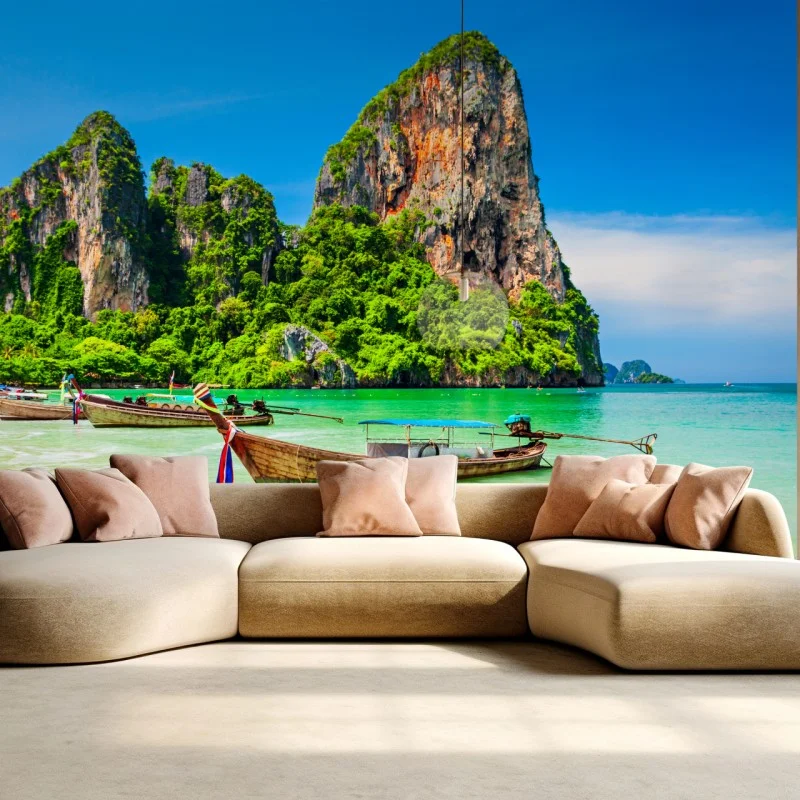 Fotomural playa paradisíaca con barcas en Tailandia