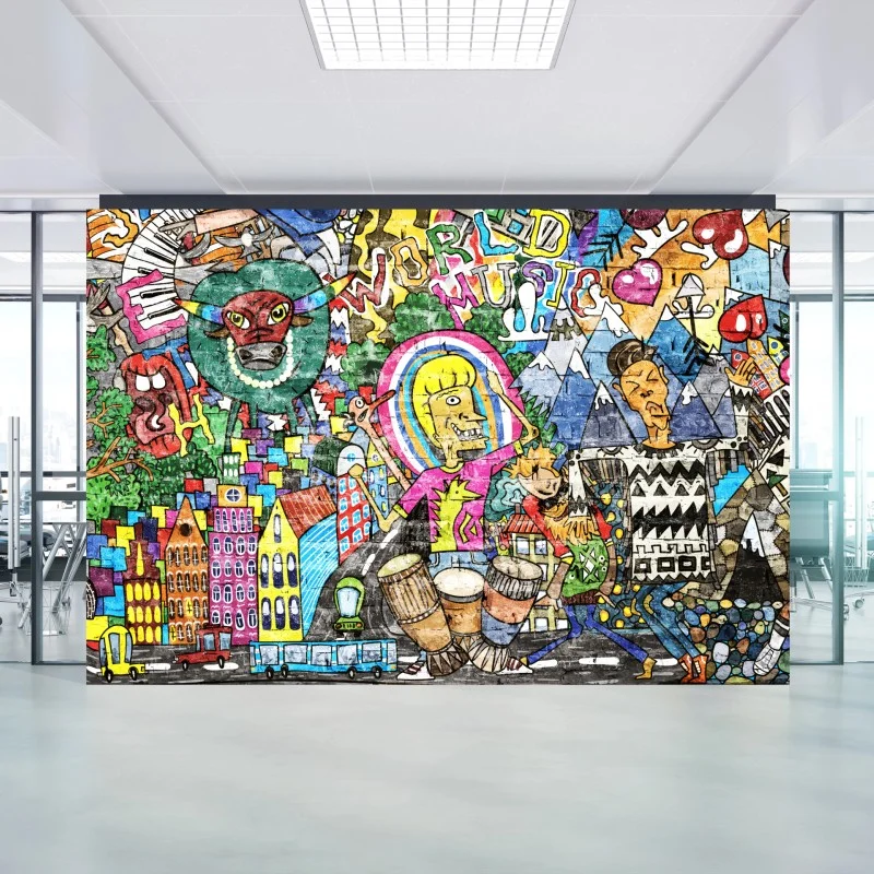 Fotomural mural urbano vibrante de fantasía y música
