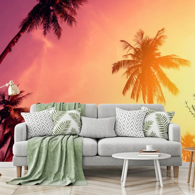 Fotomural atardecer tropical con palmeras en silueta