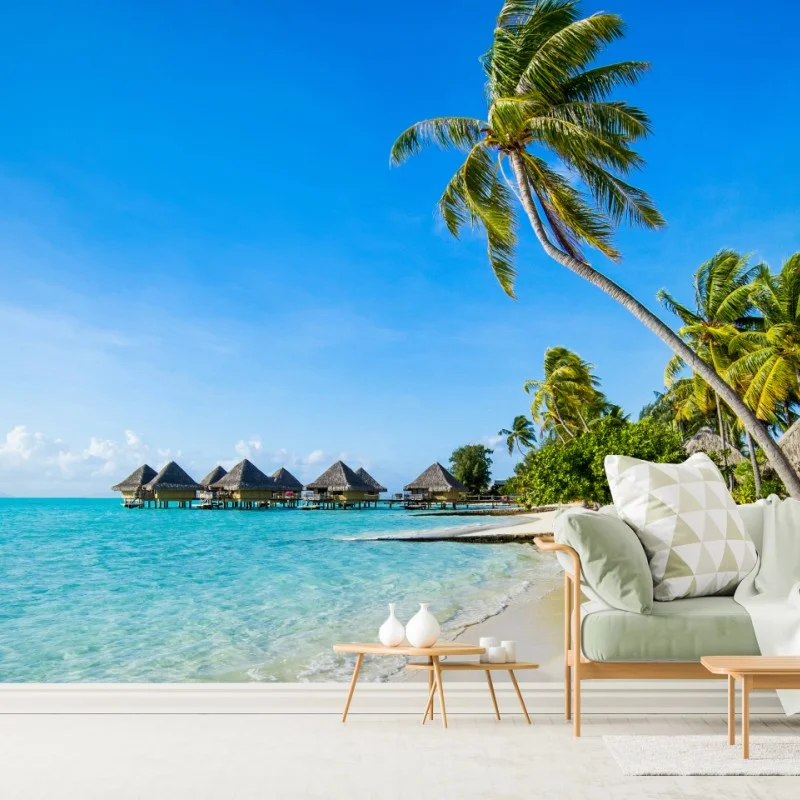 Fotomural paraíso tropical con bungalows sobre el agua