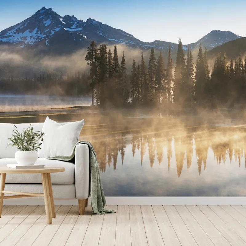 Fotomural amanecer sobre lago montañoso con niebla