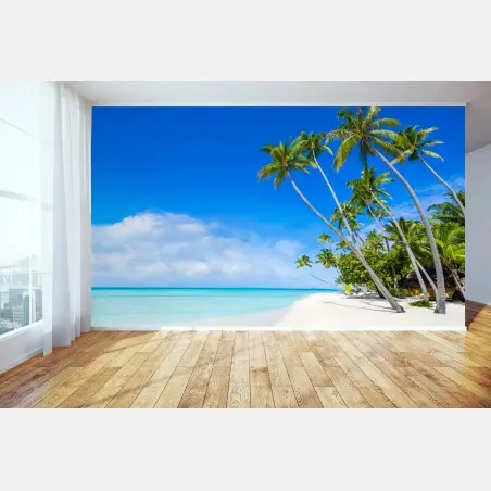 Fotomural playa tropical con palmeras y aguas turquesas – Pixers®