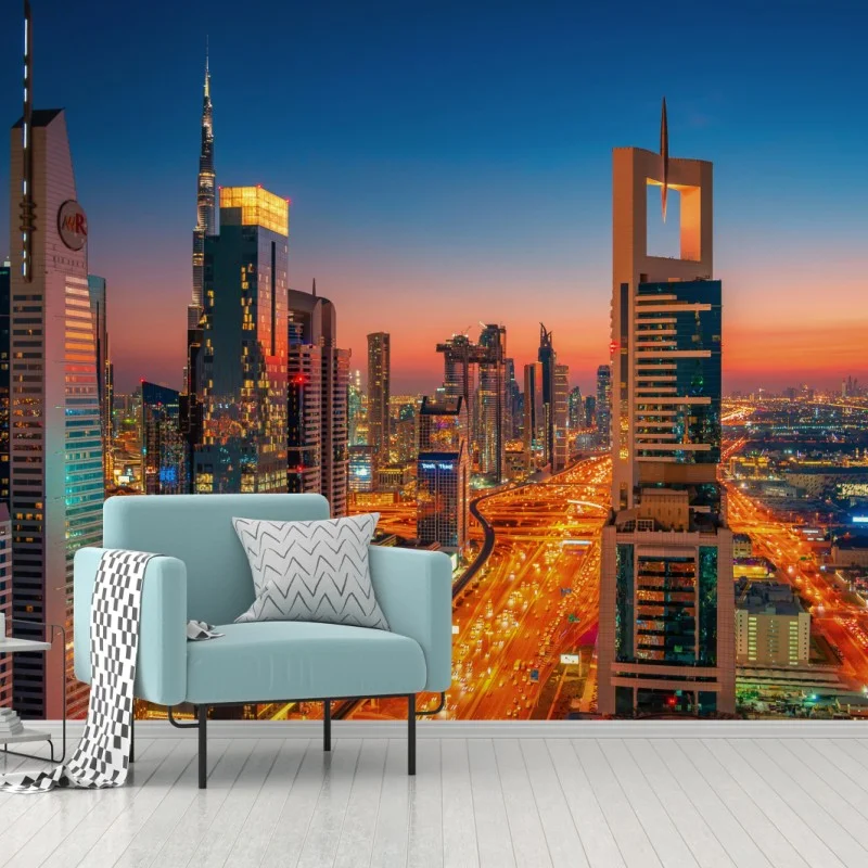 Fotomural puesta de sol sobre el skyline de Dubai