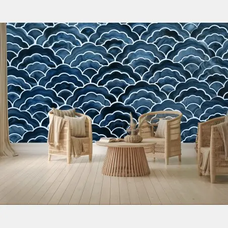 Fotomural patrón de olas japonesas en acuarela azul – Pixers®