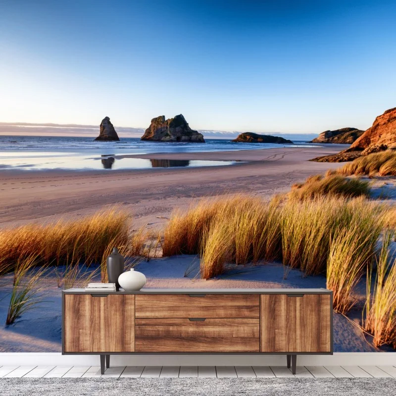Fotomural paisaje costero de Wharariki Beach al amanecer