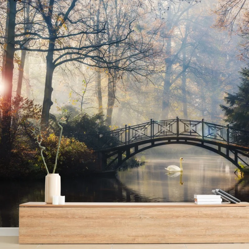 Fotomural amanecer de otoño con puente y cisne