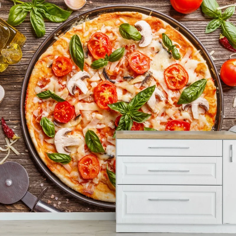 Fotomural pizza italiana rústica con albahaca y tomates cherry
