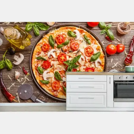 Fotomural pizza italiana rústica con albahaca y tomates cherry – Pixers®