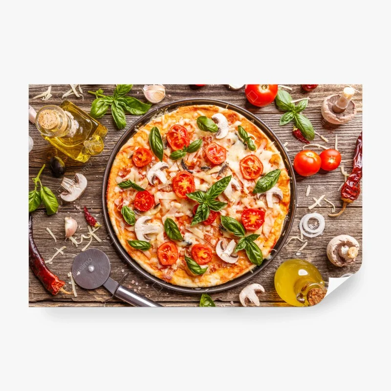 Fotomural pizza italiana rústica con albahaca y tomates cherry