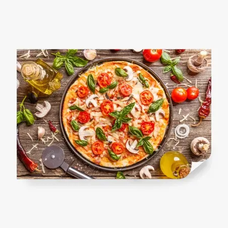 Fotomural pizza italiana rústica con albahaca y tomates cherry – Pixers®