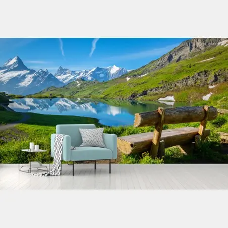 Fotomural banco frente al lago alpino – Pixers®