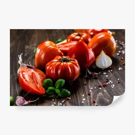 Fotomural tomates rústicos y albahaca sobre madera – Pixers®