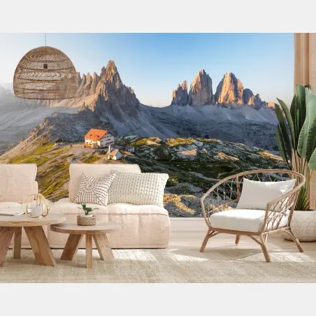 Fotomural amanecer en los Dolomitas: luz dorada sobre las cimas – Pixers®