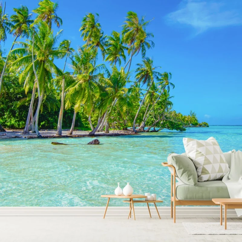 Fotomural escena tropical con palmeras y mar turquesa