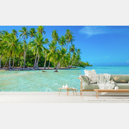 Fotomural escena tropical con palmeras y mar turquesa – Pixers®