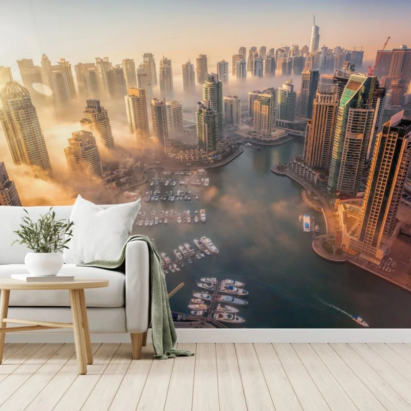 Fotomural vistas aéreas de Dubai Marina al atardecer