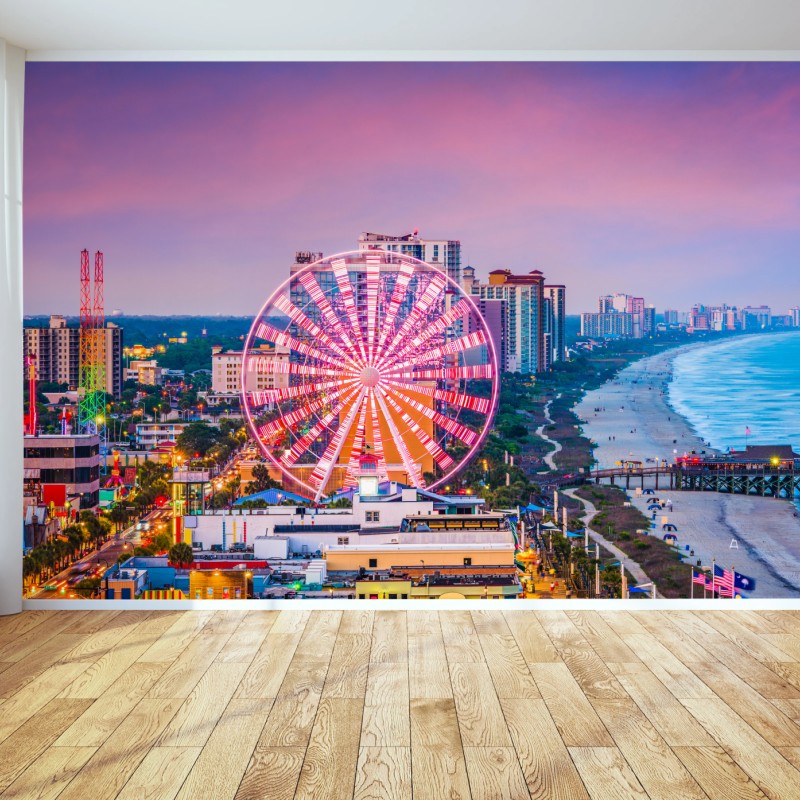 Fotomural atardecer en Myrtle Beach: noria luminosa sobre la costa