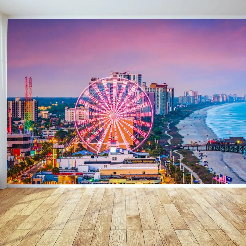 Fotomural atardecer en Myrtle Beach: noria luminosa sobre la costa