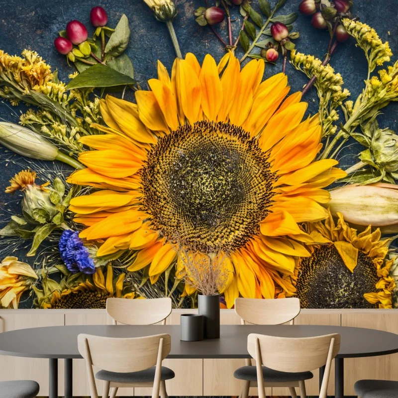 Fotomural composición otoñal de girasoles sobre fondo rústico