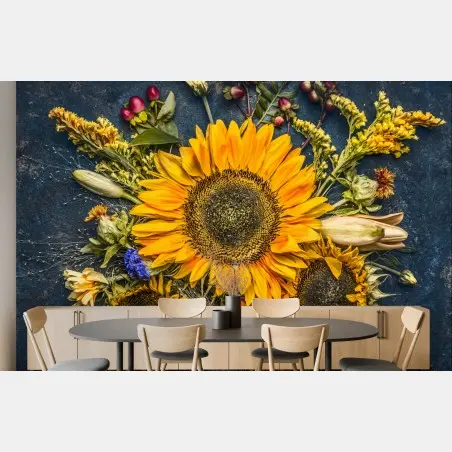 Fotomural composición otoñal de girasoles sobre fondo rústico – Pixers®