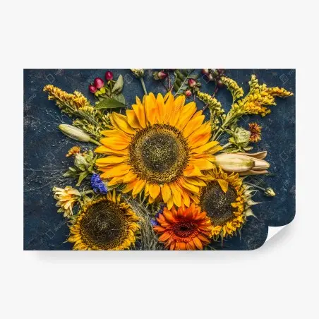 Fotomural composición otoñal de girasoles sobre fondo rústico – Pixers®