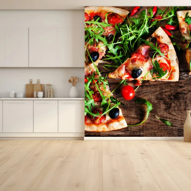Fotomural póster de pizza rústica con pepperoni y rúcula